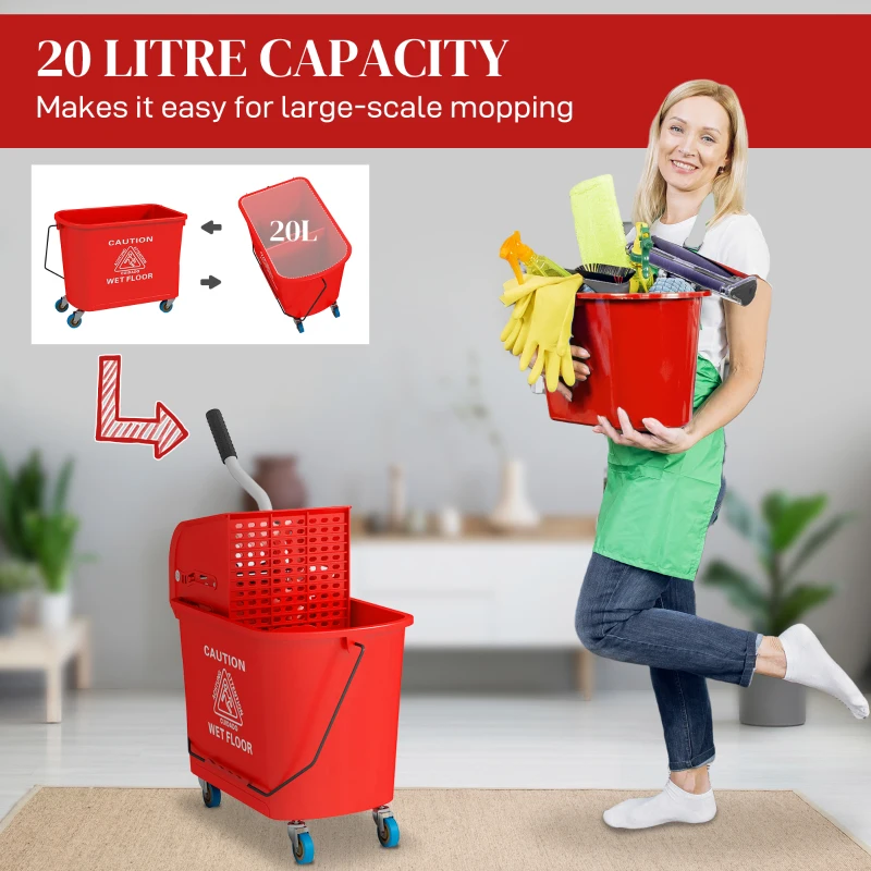HOMCOM Compact Mop Bucket with Wringer, Mop Bucket on Wheels for Floor Cleaning, 21 Quart, Separate Dirty and Clean Water, Red