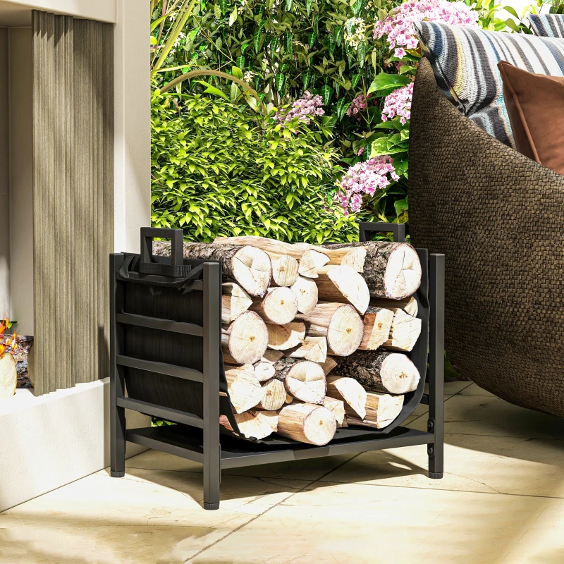 Outsunny Outdoor Firewood Rack with Log Carrier, Heavy Duty Steel Wood Log Storage Stacker for Fireplace, Black