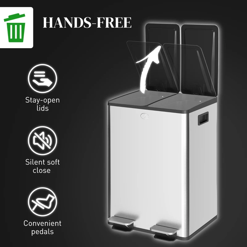 HOMCOM Dual Garbage Bin with Foot Pedal - 2 x 28 Litre Garbage Can with Removable Inner Buckets, Silver