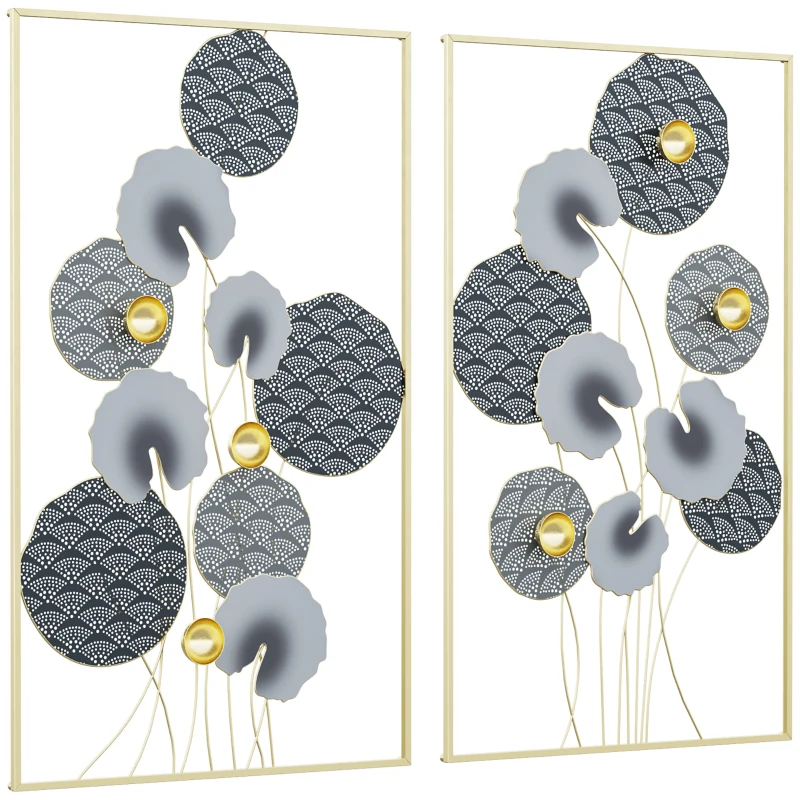 HOMCOM 3D Metal Wall Art Set of 2 Modern Lotus Leaves Hanging Wall Sculpture Home Decor for Living Room Bedroom Kitchen 20"x32"x2, Gray and Gold