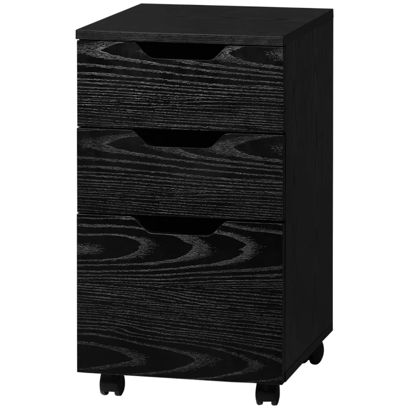 HOMCOM Vertical Filing Cabinet, 3 Drawer Mobile File Cabinet, Under Desk Office Storage Cabinet with Wheels, Black Wood Grain