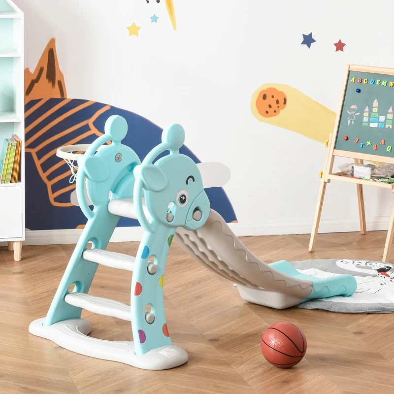 Qaba 2 in 1 Kids Slide with Basketball Hoop, Foldable Toddler Freestanding Slider Playset, for 18 months -4 Years Deer Shaped, Includes Basketball, Pump - Blue