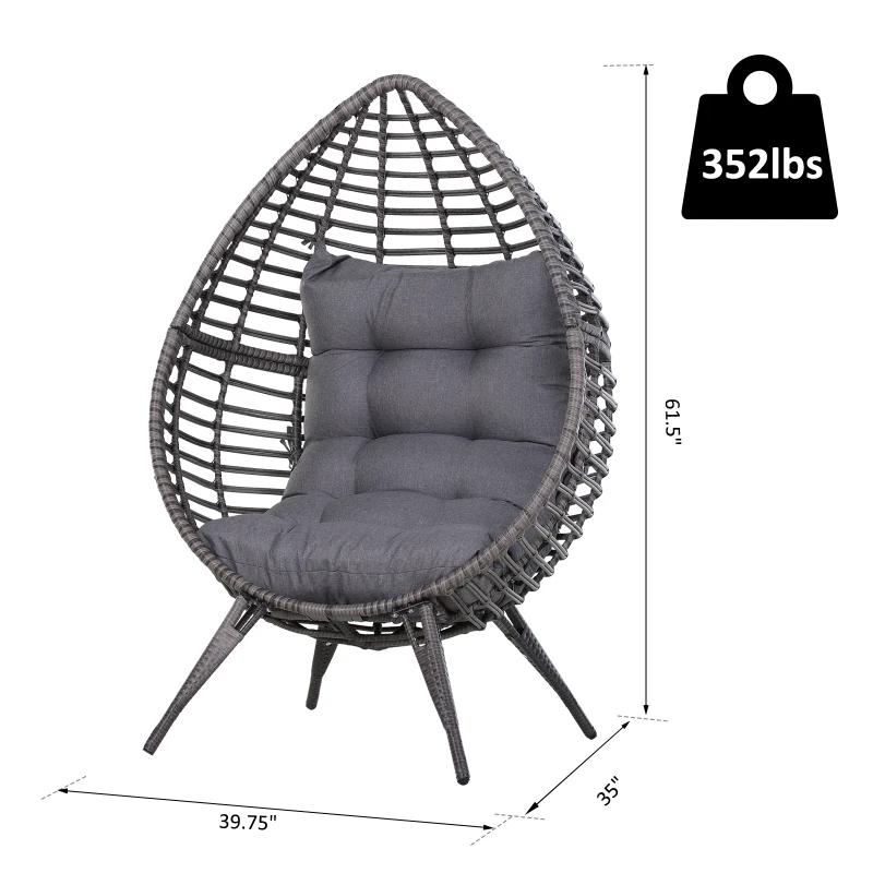 Outsunny Patio Wicker Egg Chair w/ Soft Cushion, Teardrop Cuddle Seat, Outdoor / Indoor Patio Chair, PE Plastic Rattan Furniture with Adjustable Height Feet Pads, Gray