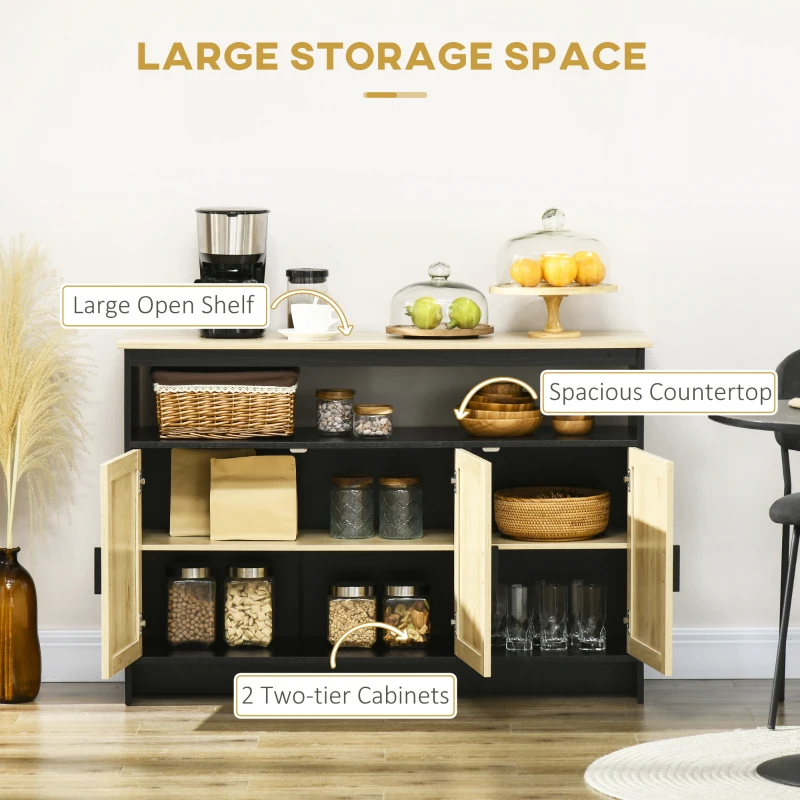 HOMCOM Kitchen Sideboard Cabinet with 3 Rattan Doors, Adjustable Shelves and Handles for Living Room, Hallway, Natural