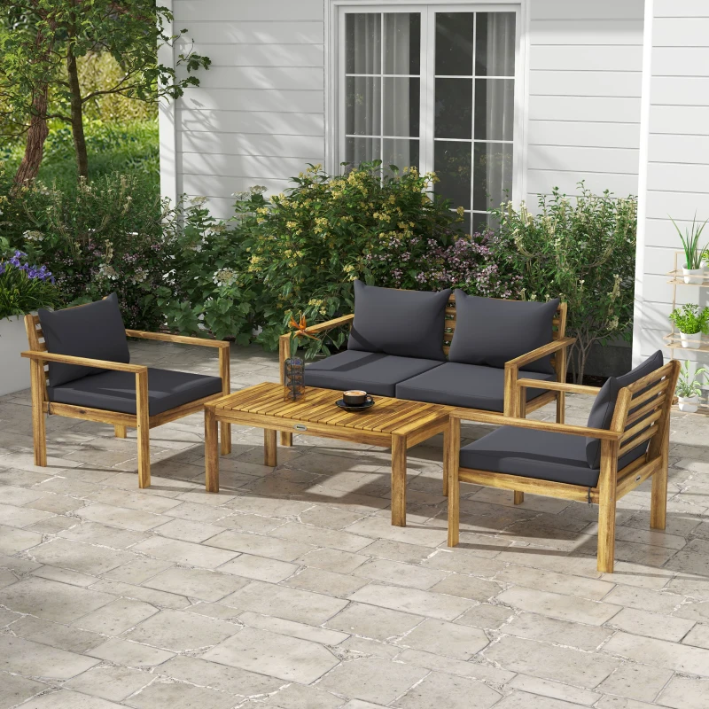Outsunny 4 Piece Patio Sofa Set, Acacia Wood Outdoor Furniture with Cushions, Table, Backyard Lawn Porch Sofa, Gray