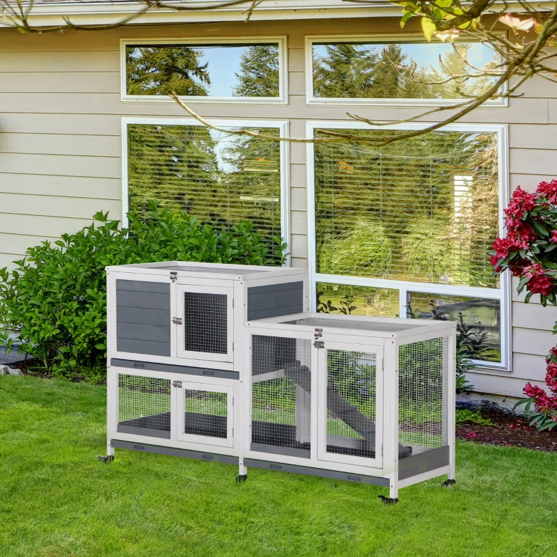 PawHut Wooden Rabbit Hutch Elevated Pet House Bunny Cage Small Animal Habitat with Slide-out Tray Lockable Door Openable Top for Indoor 58" x 18" x 35" Grey