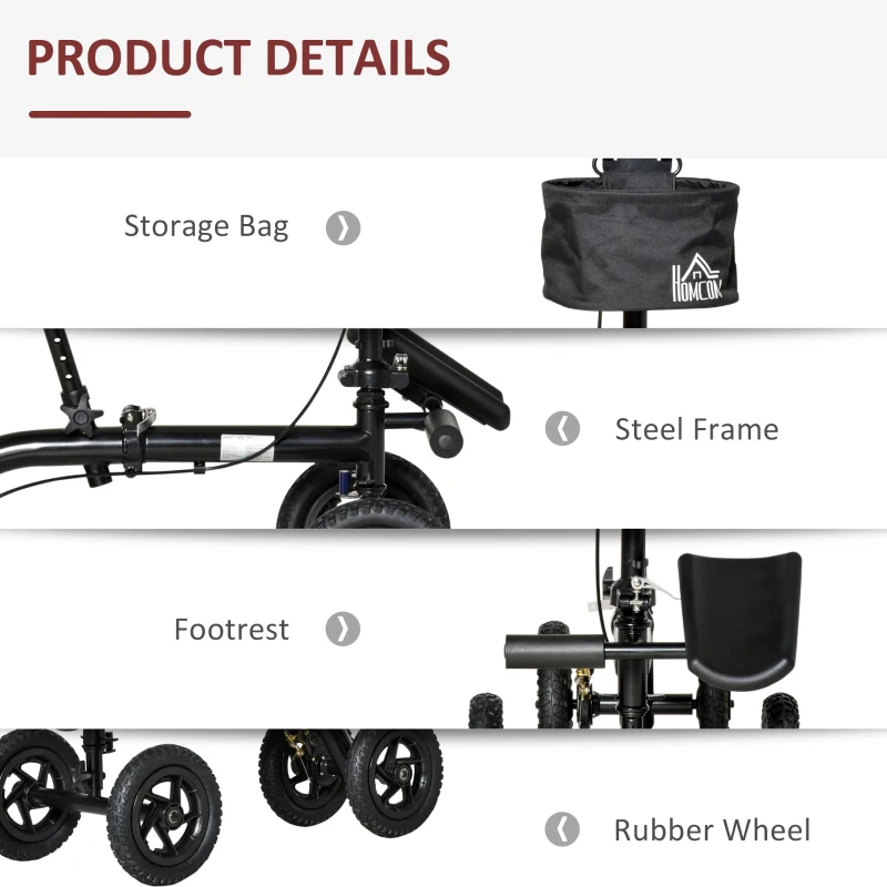 HOMCOM Seated Knee Walker, Foldable Steerable Medical Knee Scooter, Crutch Alternative with Braking System, Storage Bag for Foot Injuries, Black