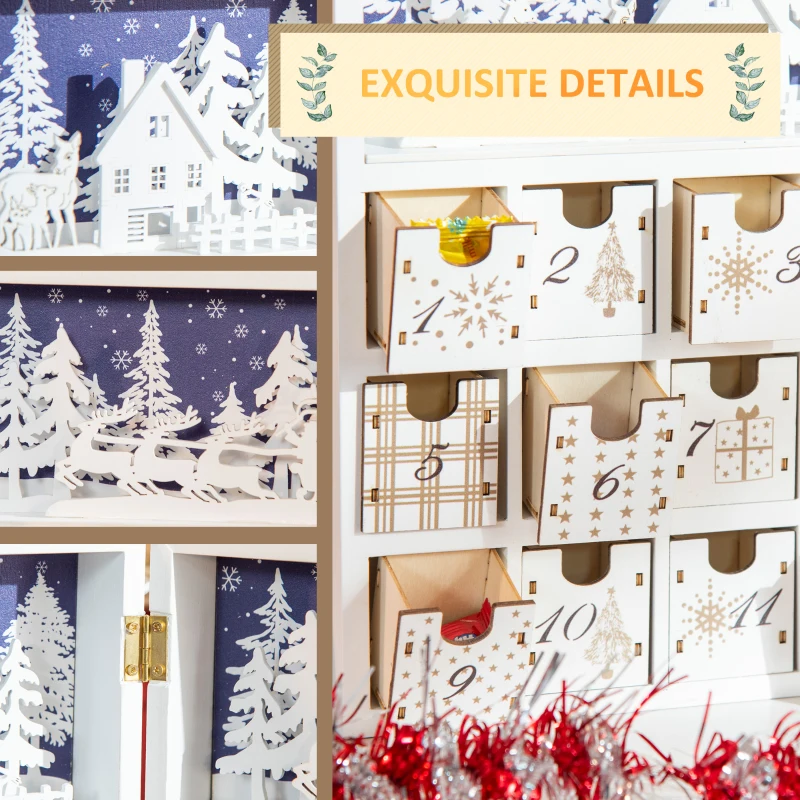 HOMCOM Wooden Christmas Advent Calendar Book, Table Holiday Decoration with 24 Countdown Drawers, for Kids and Adults, White