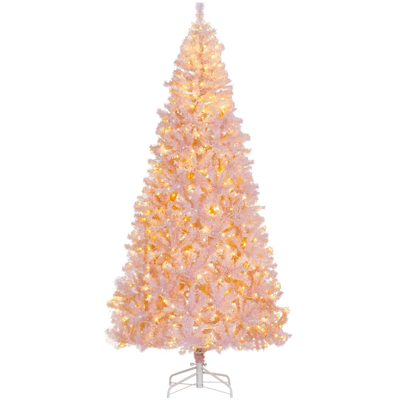 HOMCOM 7.5 FT Tall PreLit Artificial Christmas Tree with Realistic Branches, 500 Warm White LED Lights and 1346 Tips, Pink