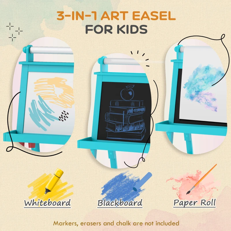 Qaba Double Sided Easel for Kids, Standing Toddler Easel with Paper Roll, Magnetic Whiteboard, Chalkboard & Storage, Blue