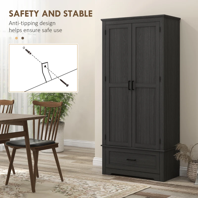 HOMCOM 69" Tall Farmhouse Kitchen Pantry Cabinet with 2 Doors, Drawer and Adjustable Shelves for Dining Room, Black