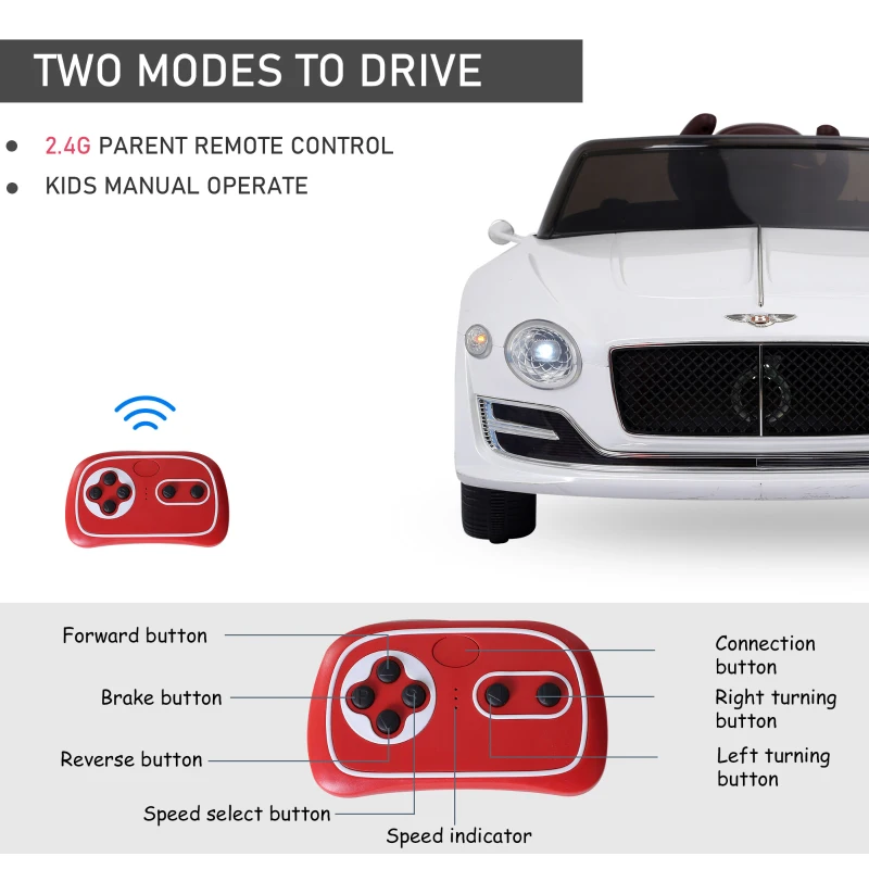 Aosom 12V Ride On Car Licensed Bentley Battery Powered Electric Vehicles w/ Parent Remote Control, 2 Speed - White