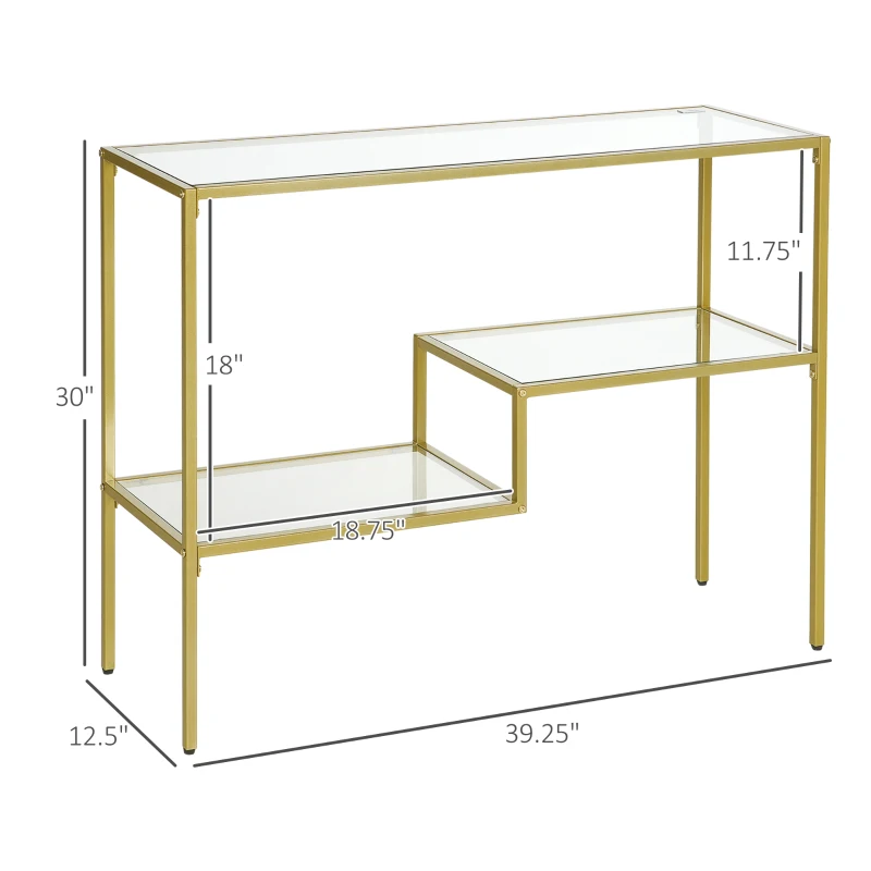 HOMCOM Gold Console Table, 39" Tempered Glass Behind Sofa Table, Narrow Entryway Table with Storage Shelves, Steel Frame for Living Room Furniture, Hallway Furniture, Glass Table