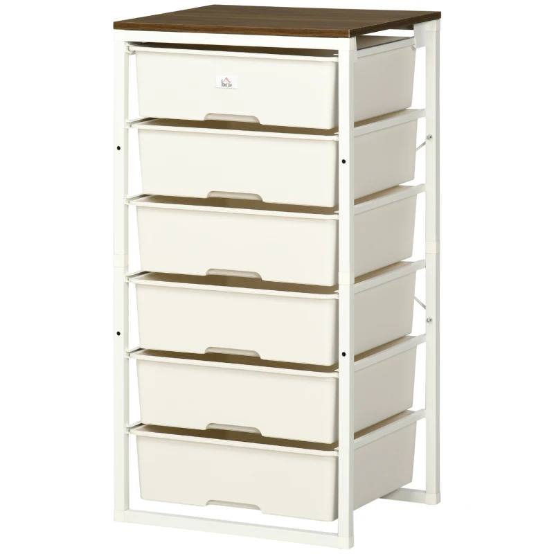 HOMCOM Dresser Storage Drawers with 6 Plastic Bins and Steel Frame, Crafting Bins for Living Room, Bedroom, White