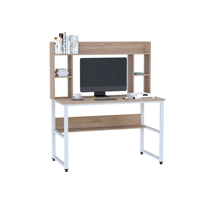 HOMCOM Office Computer Desk Writing Table Workstation with Storage Shelves,  Decorative Hutches, & Strong Build, Oak