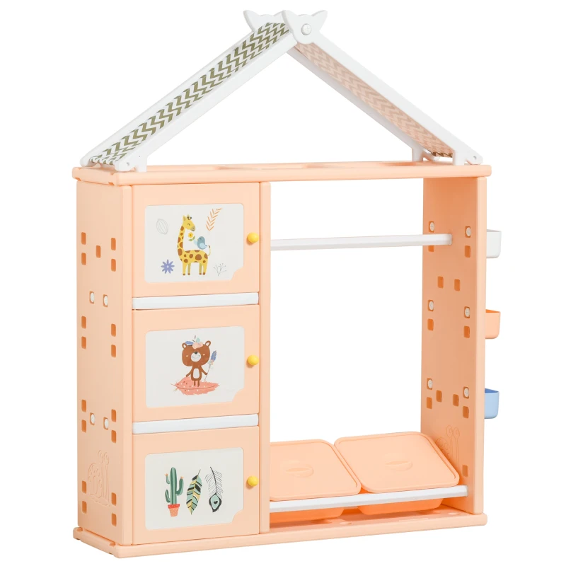 Qaba Kids Dress Up Storage, Multifunctional Kids Wardrobe Closet Hanging Rack Built for Kids Bedroom Storage, Featuring Bins, Cabinets, Top Shelf, and Drop-In Shelves, Orange