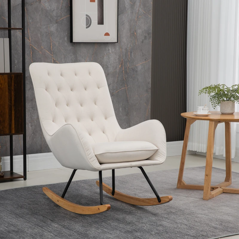 HOMCOM Mid-Century Fabric Rocking Chair Sofa Armchair Tufted Rocker Wingback Accent Chair with Padded Seat, Rubber Wood Base for Home Studio, Bedroom, Living Room, Cream White