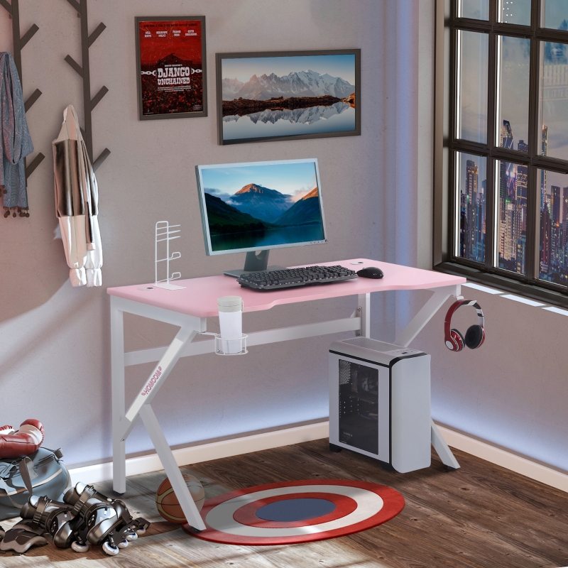 HOMCOM 47 inch Gaming Desk, Racing Style Computer Table, Home Office Workstation with Rotatable Cup Holder, Headphone Hook, Gamepad Stand, Wire Port, Pink