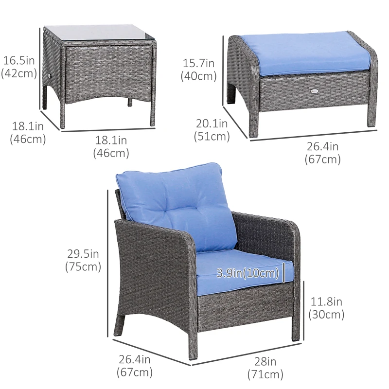 Outsunny 5pcs Patio Rattan Coffee Set Garden Wicker Bistro Set with Ottoman Yard Sofa Conversation Set Armchairs Tea Table & Footstool w/ Cushions All Weather Deck Furniture, Blue
