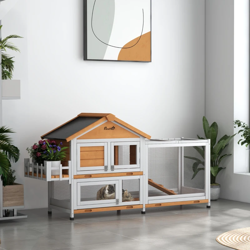 PawHut 65" Wooden Rabbit Hutch, Pet Playpen with Openable Roof, Storage Box, for Rabbits and Small Animals, Yellow