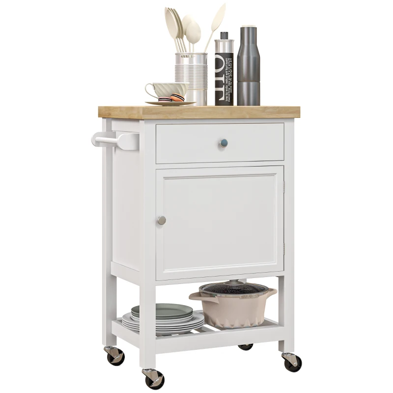 HOMCOM Kitchen Island on Wheels, Rolling Kitchen Cart with Rubberwood Top, Drawer, Wine Rack and Cabinet, White