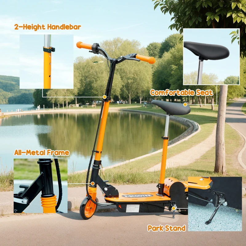 Soozier Foldable Electric Scooter for Kids Ages 6-14, with Seat and 2 Adjustable Heights, Max 6km Range & 12km/h, Orange