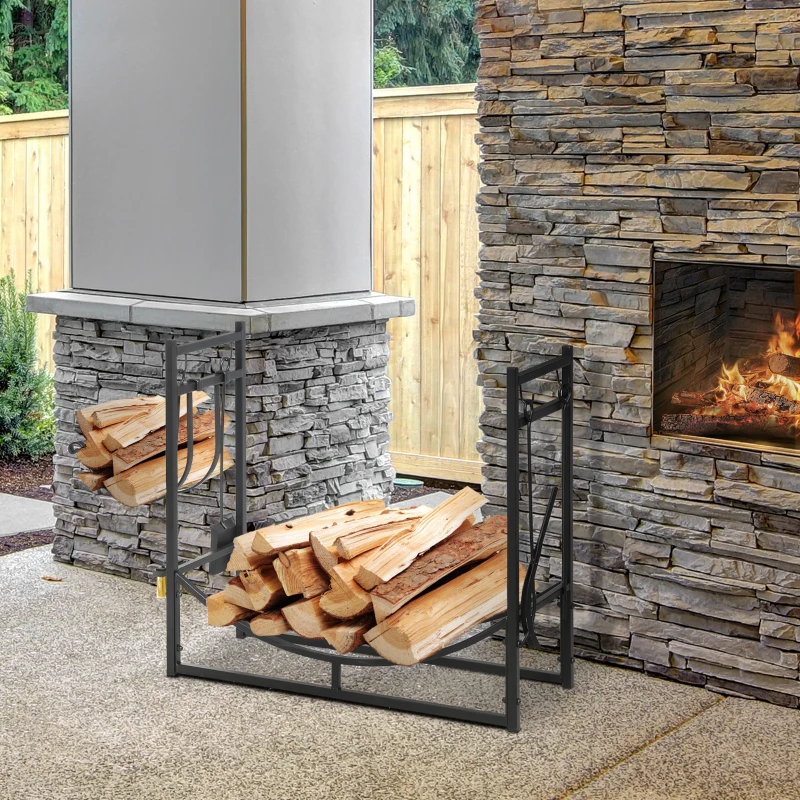 Outsunny 2-Tier Firewood Log Rack with 4 Tools 33" Fireplace Wood Holder Storage Log Rack with Shovel, Broom, Poker, Tongs and Hooks