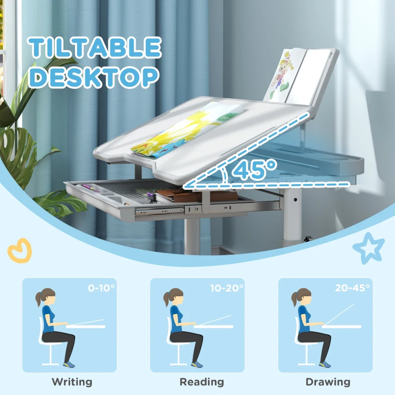 Qaba Height Adjustable Kids Desk and Chair Set with Tilt Desktop, Large Writing Board, Storage Drawer, Book Stand, Grey