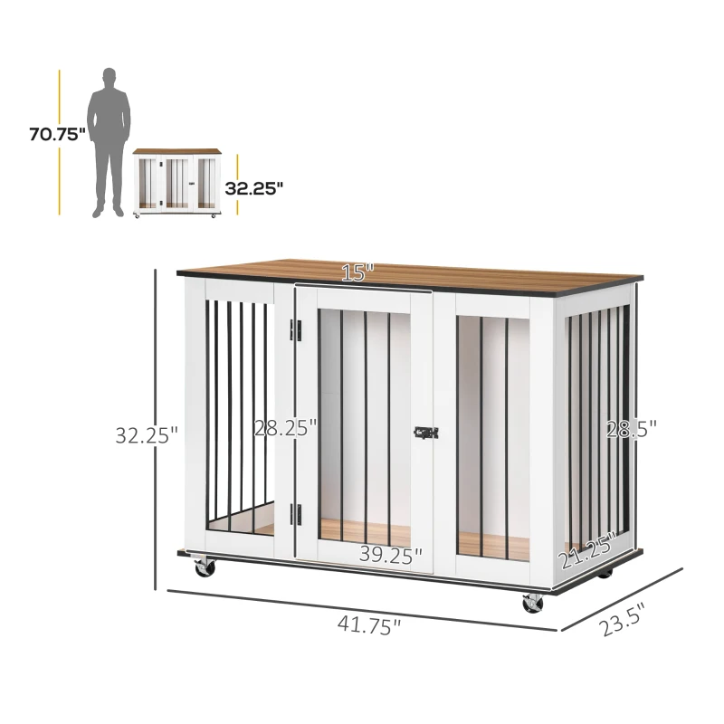 PawHut Dog Crate, Dog Cage End Table with Wheels & Big Tabletop, Indoor Dog Crate Furniture with Lockable Door, White