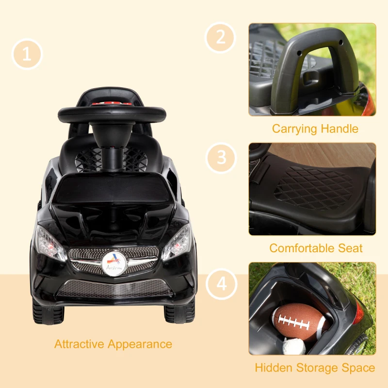 Aosom Kids Ride On Push Car, Foot-to-Floor Walking Sliding Toy Car for Toddler with Working Horn, Music, Headlights and Storage, Black