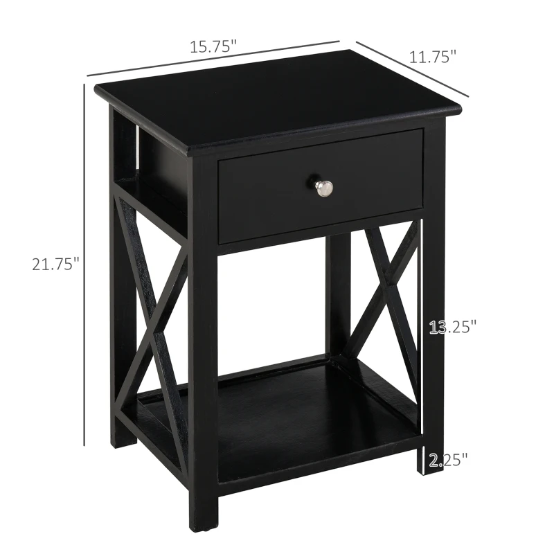 HOMCOM Farmhouse Side Table, End Table with Storage Drawer, Open Shelf and X-Frame, Bedside Table for Living Room, Black