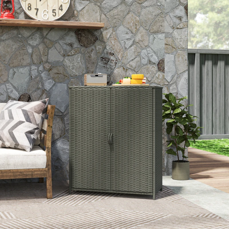 Outsunny Rattan Wicker Outdoor Storage Cabinet with 4 Shelves and 2 Doors for Garden Pool Towel Storage, Dark Gray