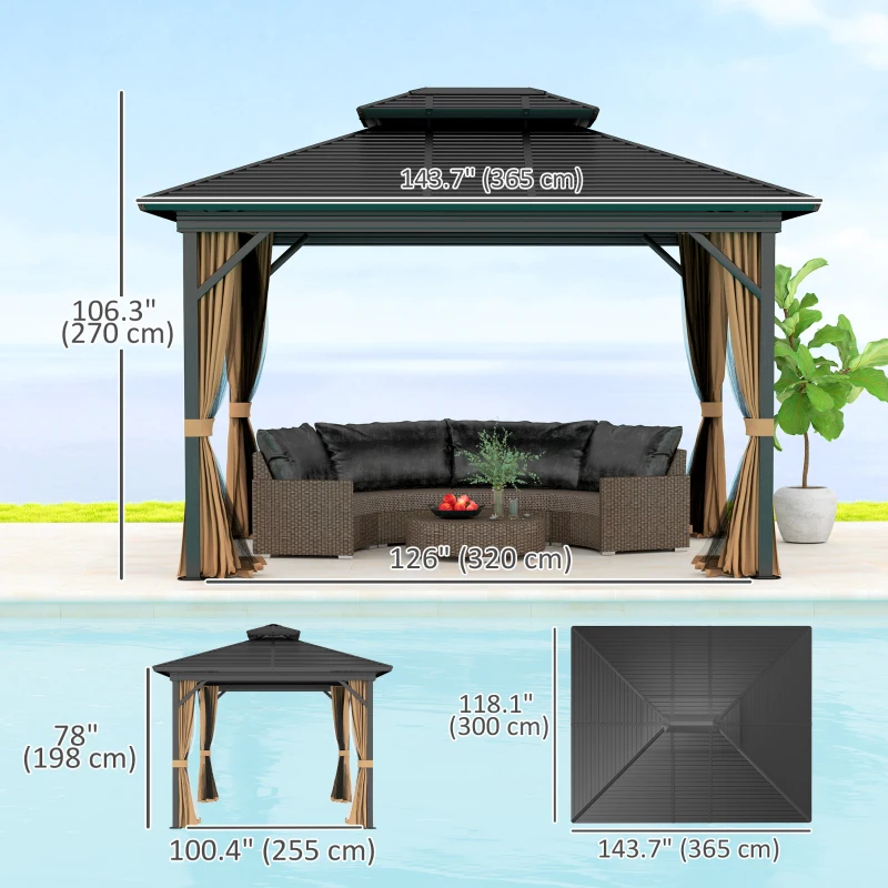 Outsunny 10' x 12' Hardtop Gazebo, Sun Shelter with Double Tier Metal Roof, Mosquito Netting, and Hanging Hook, Dark Brown