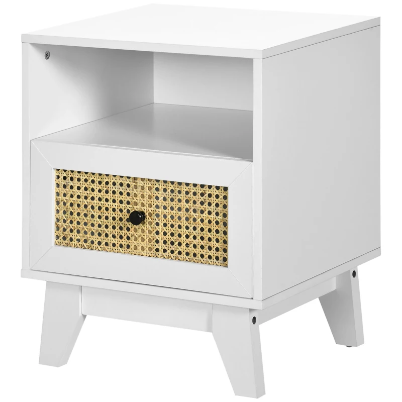 HOMCOM Bedside Table with Rattan Element, Side End Table with Drawer and Shelf, 17.7"x15.4"x22.2", White