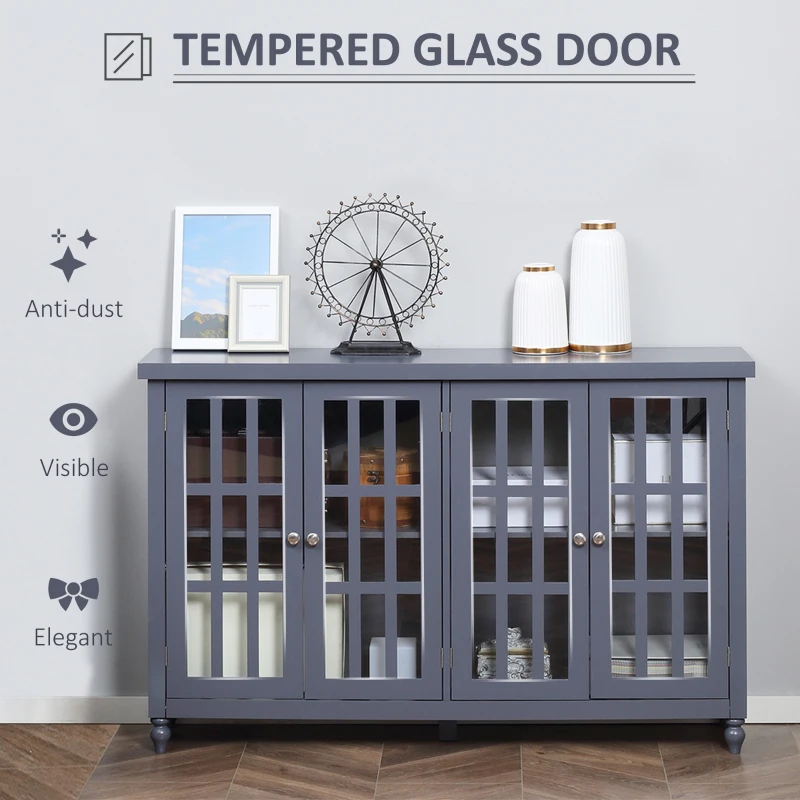 HOMCOM Sideboard, Buffet Cabinet with 4 Tempered Glass Doors, Stripe Pattern and Adjustable Storage Shelf, Credenza, Gray