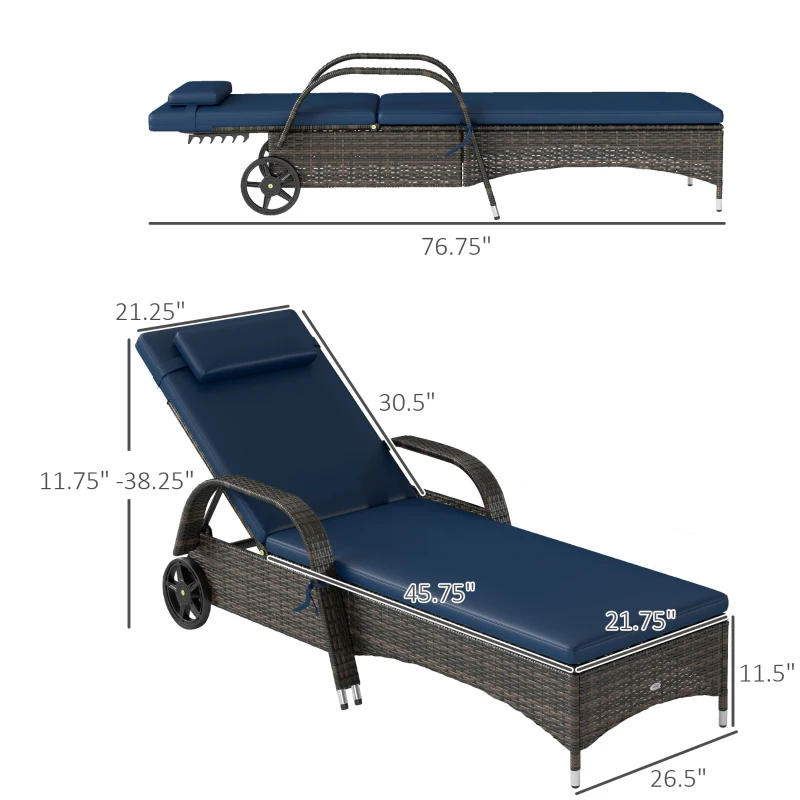 Outsunny 2 Reclining Chaise Lounge Chairs, Rolling Outdoor Chairs with Cushion, Pillow, Headrest, Armrests, and Wheels, Dark Blue
