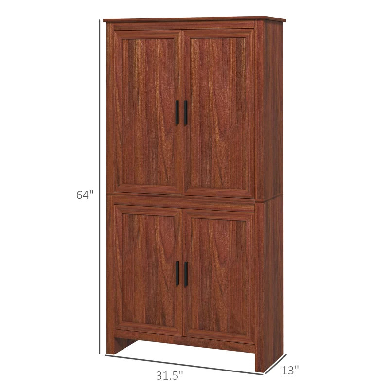 HOMCOM 64" 4-Door Kitchen Pantry, Freestanding Storage Cabinet with 3 Adjustable Shelves for Kitchen, Brown