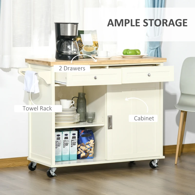 HOMCOM Rolling Kitchen Island, Kitchen Cart on Wheels with Rubberwood Top, 2 Drawers, Towel Rack, Cream White