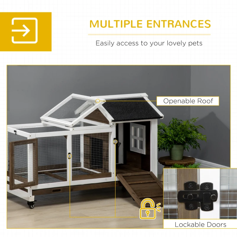 PawHut Rabbit Cage with Wheels, Ramp, Run, Tray for Indoor Outdoor, Suitable for Rabbit, Guinea Pig, Coffee