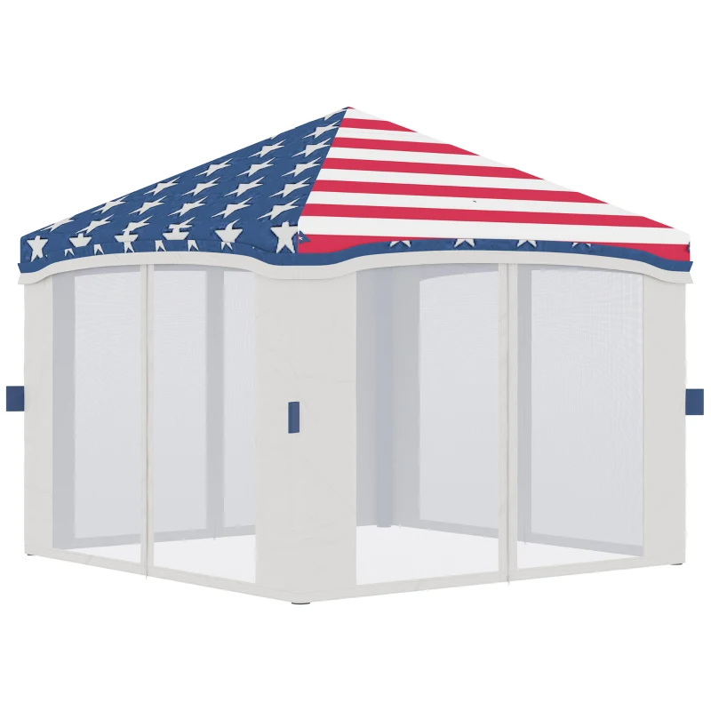 Outsunny 10' x 10' Pop Up Canopy Tent with Netting, Instant Tents for Parties, Height Adjustable, with Wheeled Carry Bag and 4 Sand Bags for Outdoor, Garden, Patio, American Flag