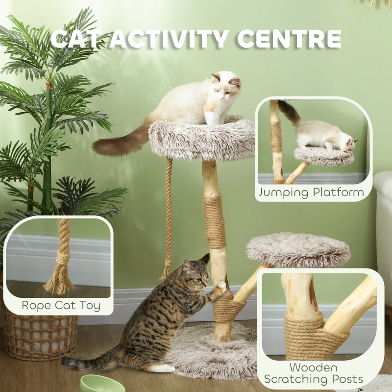 PawHut 35 Inch Modern Cat Tree for Indoor Adult Cats with Wooden Scratching Posts, Cat Bed & Rope Cat Toy, Brown