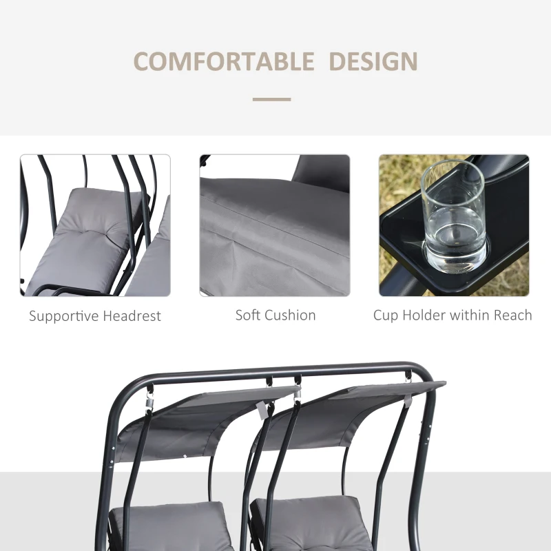 Outsunny Patio Swing Chair with 2 Separate Seats, Outdoor Swing Glider with Removable Canopy and Cup Holders, for Porch, Garden, Poolside, Backyard, Gray
