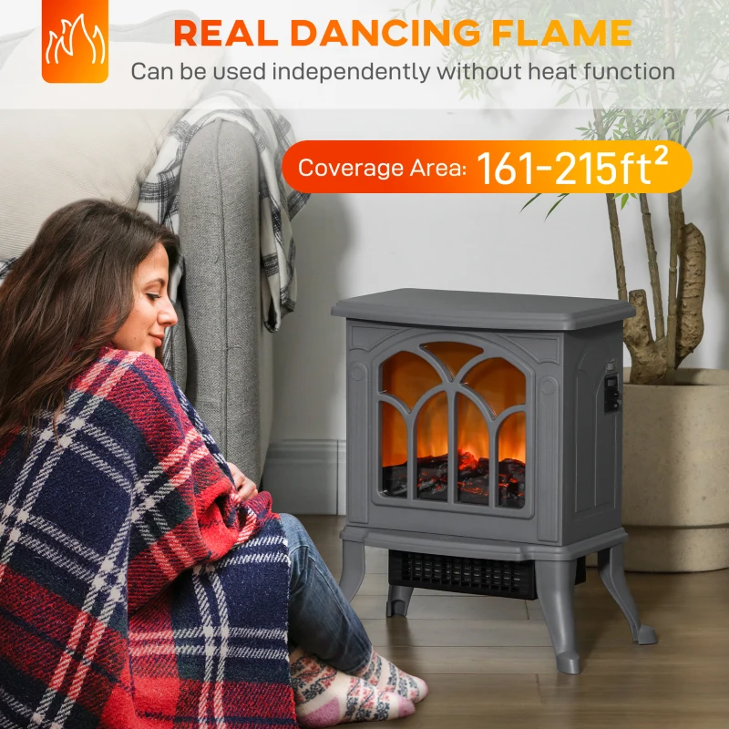 HOMCOM Electric Fireplace Heater, Freestanding Fireplace Stove with Realistic Logs and Flame Effect, 750W/1500W, Gray