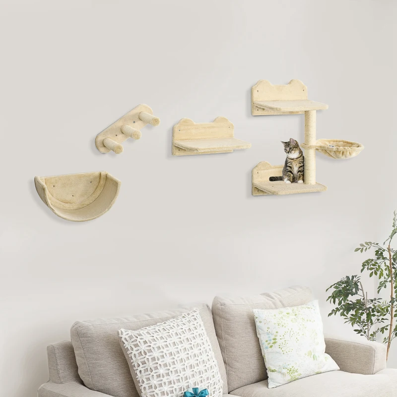 PawHut Cat Wall Shelves, 3PCs Cat Shelves with Hammock, Scratching Post, 3 Steps, Jumping Platforms, Wall Mounted Cat Climber, Beige