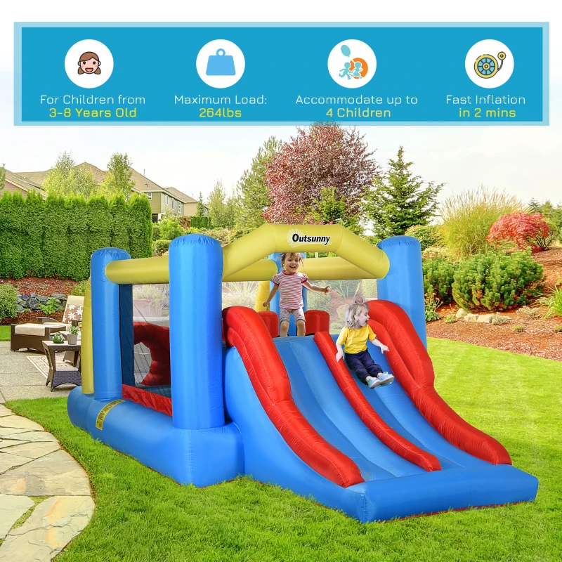 Outsunny Kids Inflatable Bounce House 4-in-1 Jumping Castle with Double Slides, Obstacle Course, Climbing Walls, & Trampoline, 750W Air Blower Included