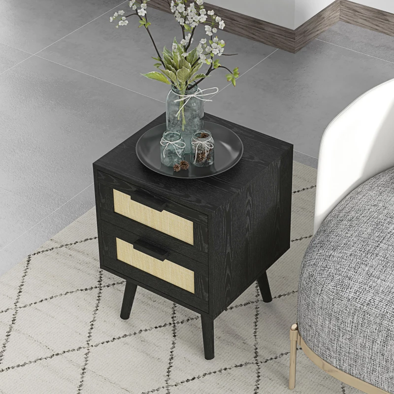 HOMCOM Boho Nightstands Set of 2, Bedside Tables with 2 Drawers for Living Room, Bedroom, Black
