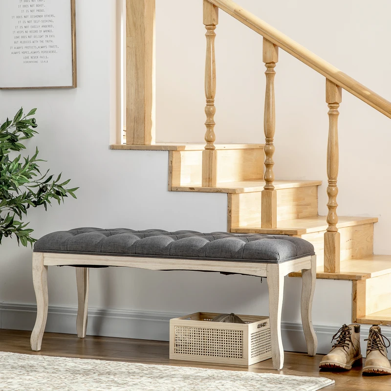 HOMCOM 43" Upholstered Entryway Bench, Linen Fabric Ottoman Stool with Button Tufted Seat, and Rubber Wood Legs for Living Room, Bedroom, or Hallway, Dark Grey