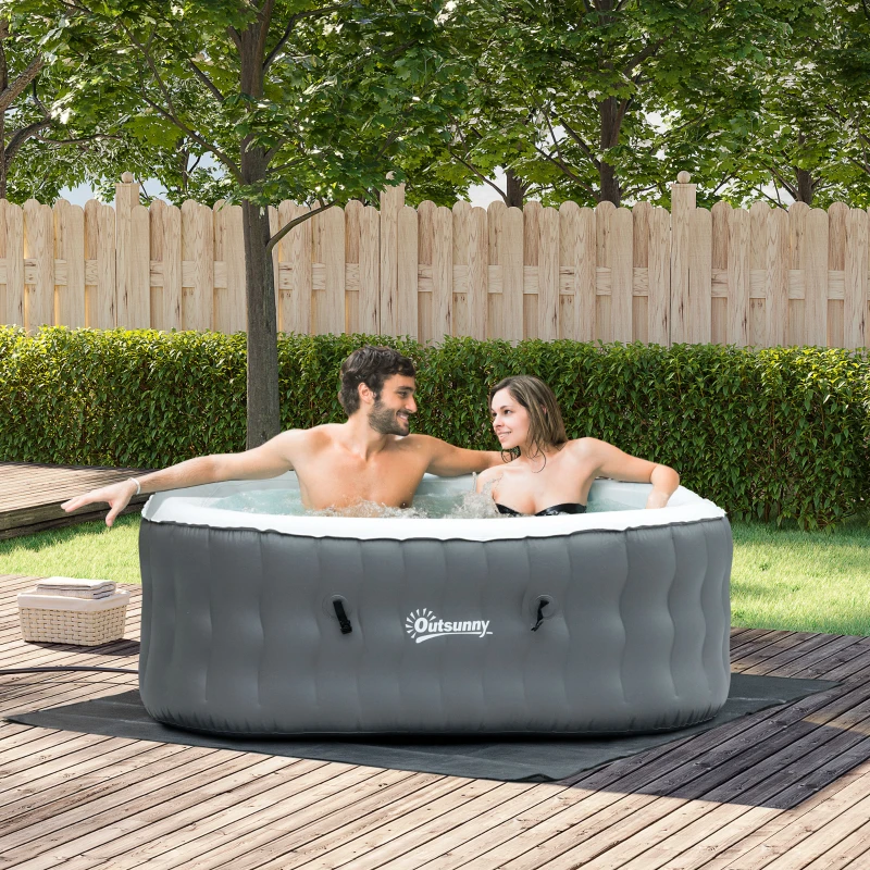 Outsunny 4-6 Person Inflatable Portable Hot Tub Outdoor Square Heated Spa with 108 Jets, Pump, Cover, Filter Cartridges, Grey