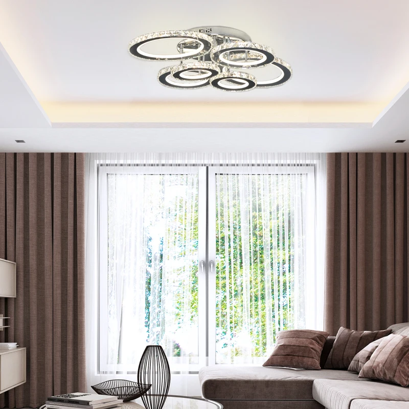 HOMCOM Elegant LED Chandelier with 6 Rings, Ceiling Light with Cool White Lighting for Living Room, Dining Room, or Bedroom, Silver