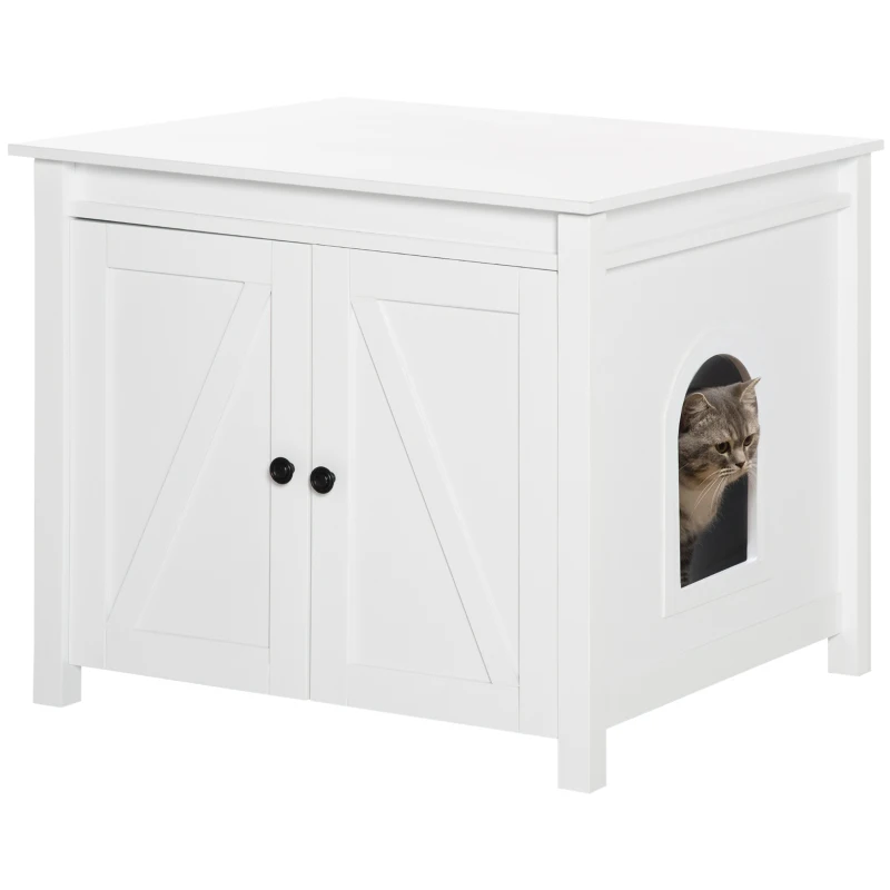 PawHut Cat Litter Box Enclosure with Openable Top, Cat Washroom Storage Side Table with Double Doors, Zinc Alloy Handles, for Indoor Use, White